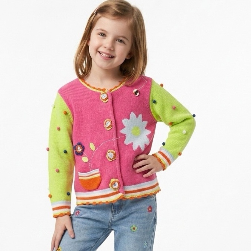Hanna Andersson Pink Knit Rainbow Polka Dot Floral Cardigan Sz 80 (18-24 months)